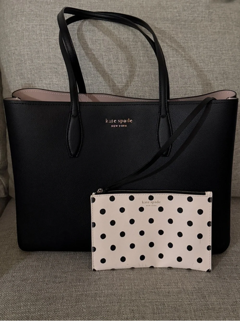 kate spade Black Tote with Light Pink Polka Dot Pouch